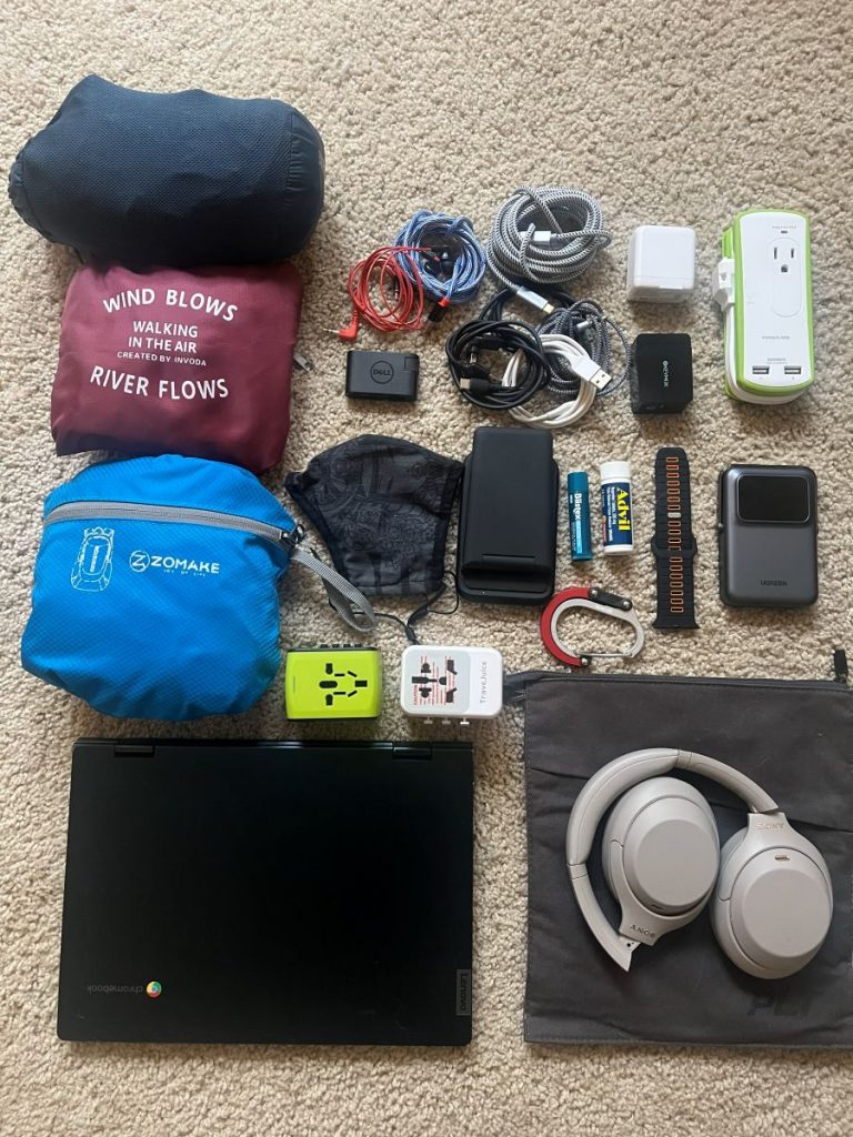 a collection of travel gear and tech